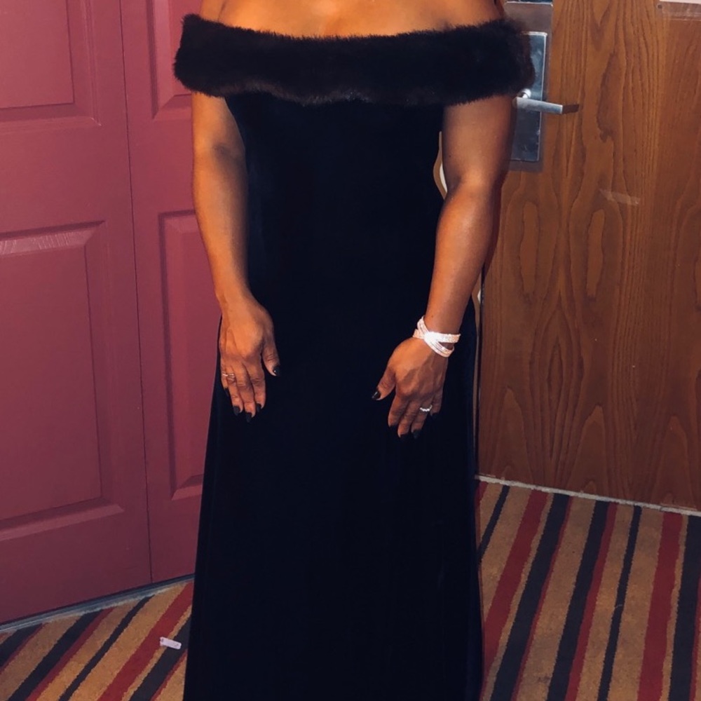 Velvet off the shoulder dress with fur accent